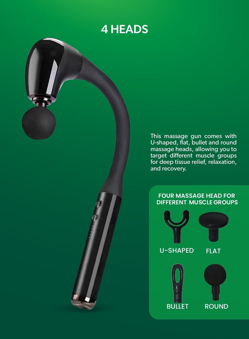 GEEPAS Curved Long Handle Massage Gun| 5-Speed Function, LED Indicator, 15 Minutes Timer| Includes U-Shaped, Flat, Bullet and Round Heads| Relieves Muscle Soreness and Stiffness, Massager for Shoulder, Back, Full Body Relaxation|  2 Years Warranty GM86093UK Black - Image 2
